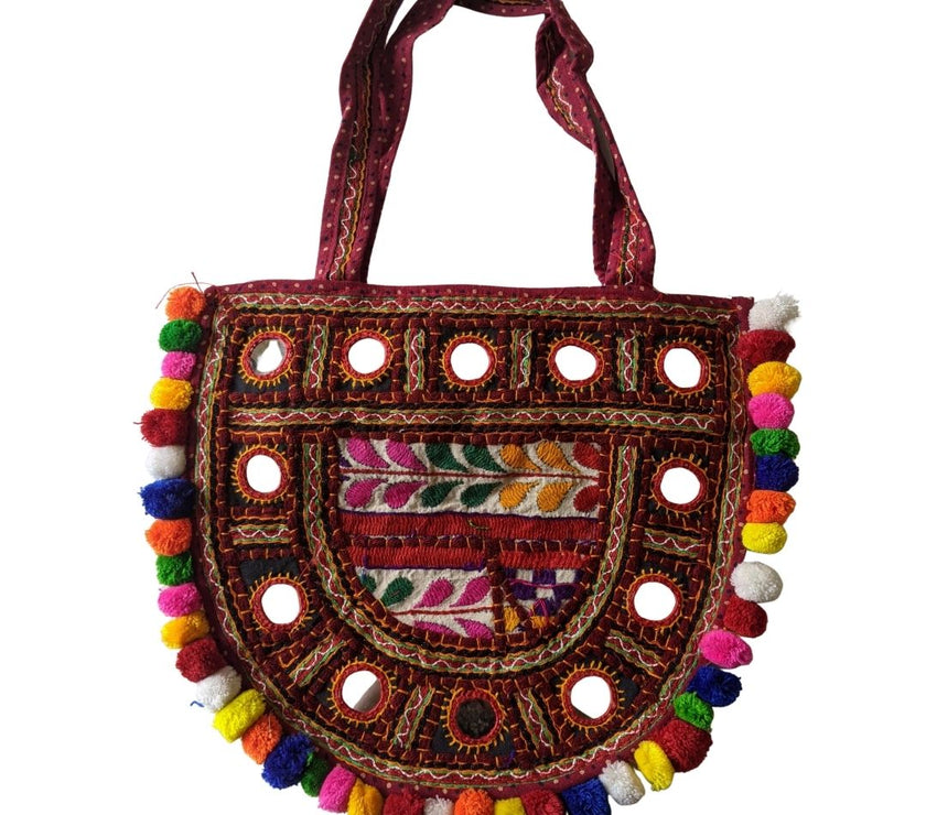 Handcrafted Kutchi Embroidered D-Shape Sling Bag with Mirror Work & Pom-Poms