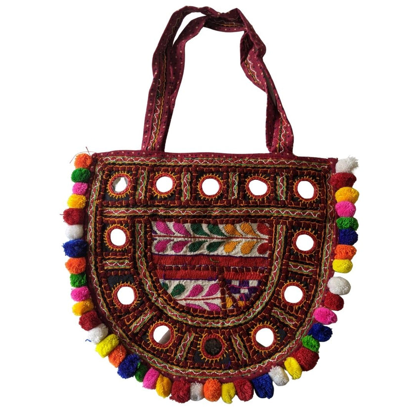 Handcrafted Kutchi Embroidered D-Shape Sling Bag with Mirror Work & Pom-Poms