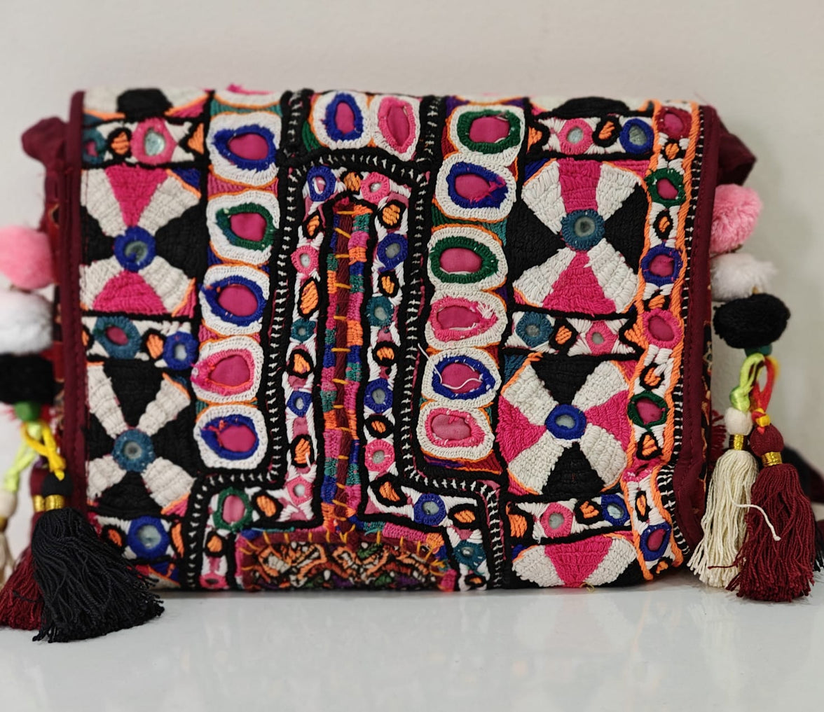 Handcrafted Kutchi Mirror Work Sling Bag with Tassels