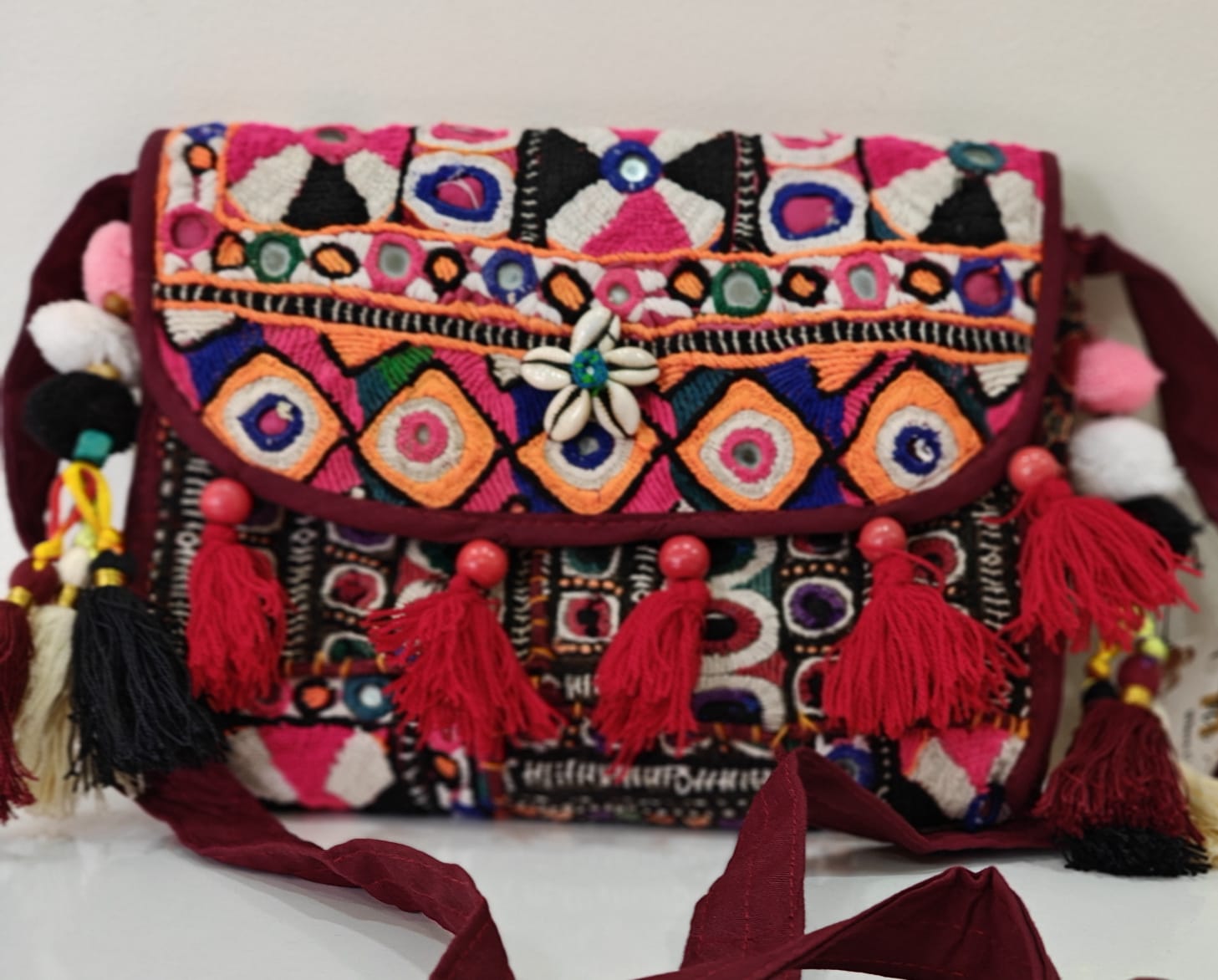 Handcrafted Kutchi Mirror Work Sling Bag with Tassels