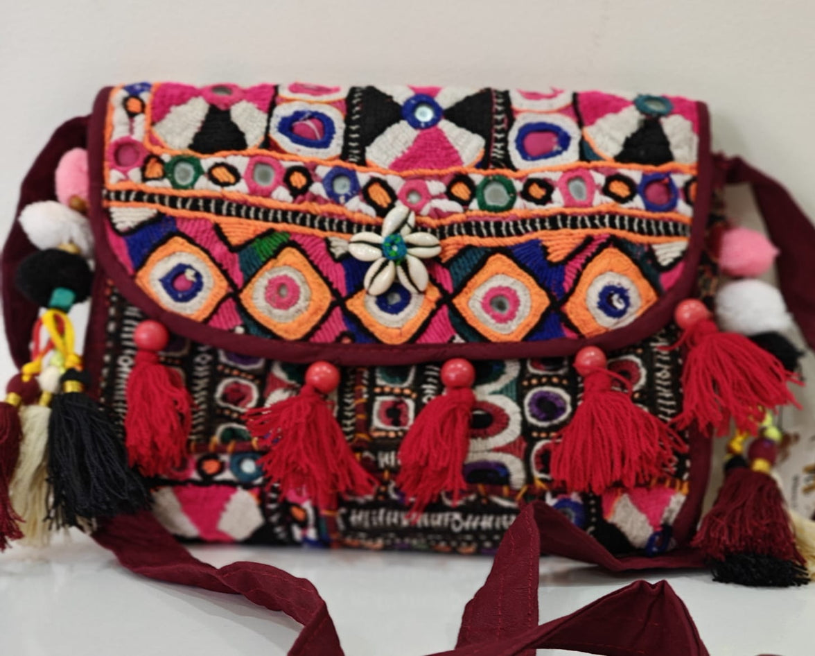 Handcrafted Kutchi Mirror Work Sling Bag with Tassels