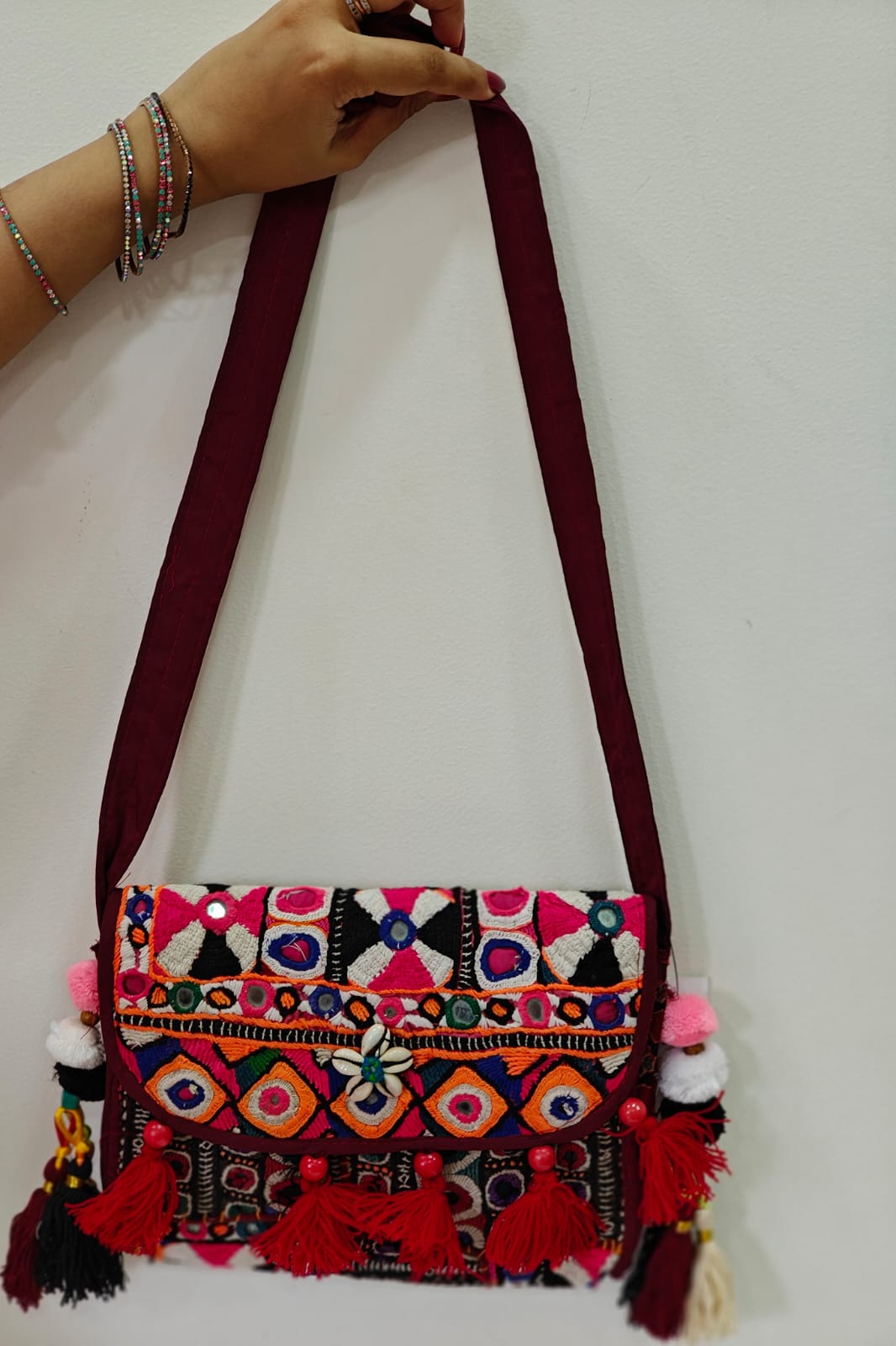Handcrafted Kutchi Mirror Work Sling Bag with Tassels