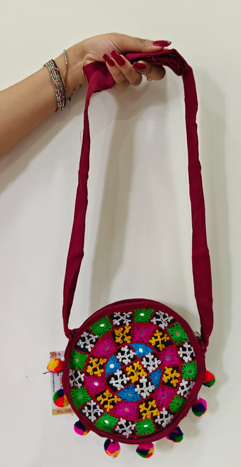 Handcrafted Kutchi Round Embroidered Sling Bag with Mirror Work & Pom-Poms