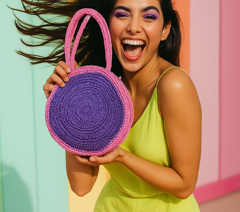 Hand-Crocheted Round Tote Bag – Candy Pop Edition