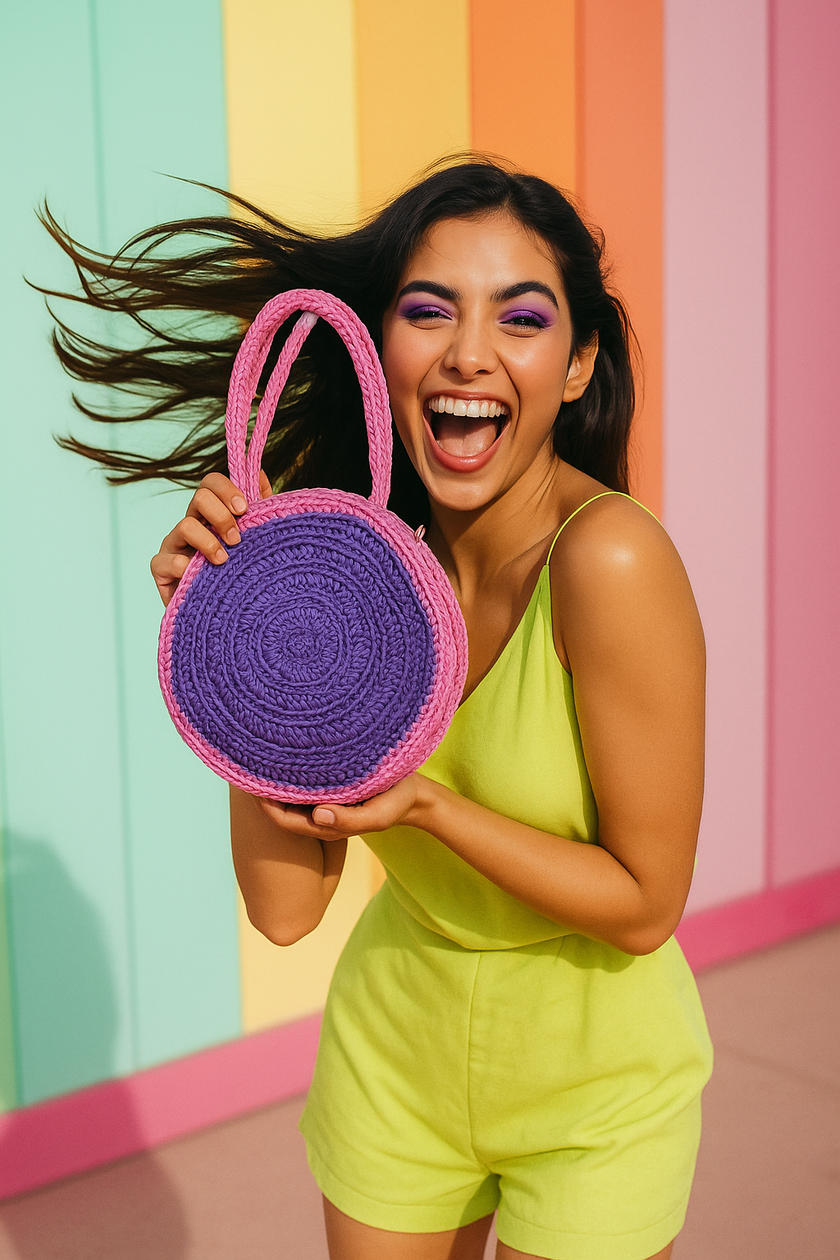 Hand-Crocheted Round Tote Bag – Candy Pop Edition