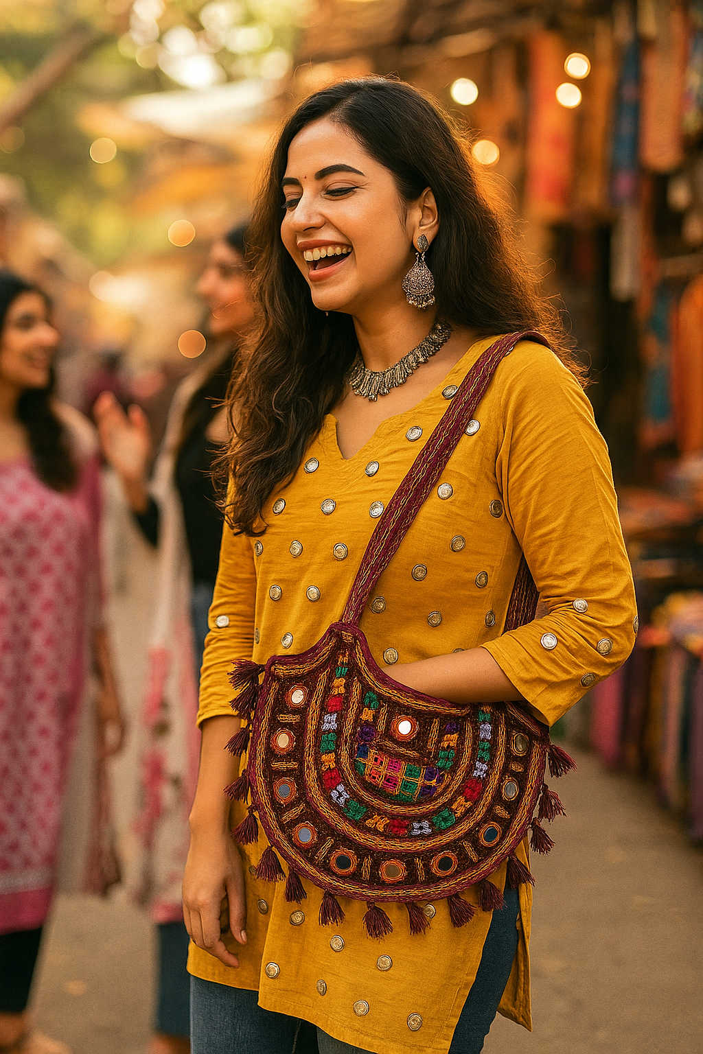 Boho Kutchi Embroidered D-Shape Sling Bag with Tassels