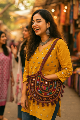 Boho Kutchi Embroidered D-Shape Sling Bag with Tassels - Heritage Haat