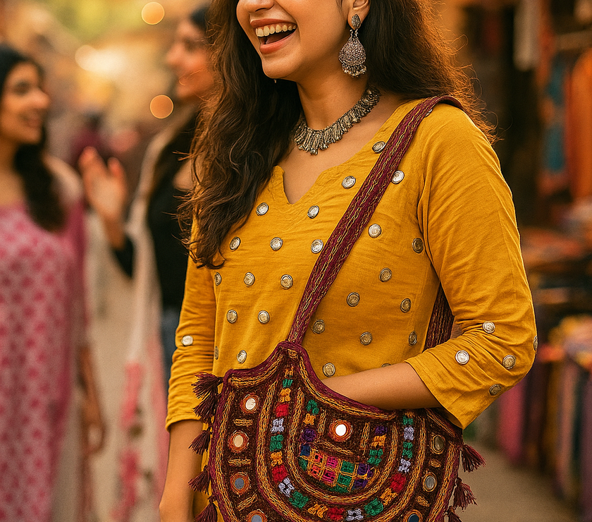Boho Kutchi Embroidered D-Shape Sling Bag with Tassels