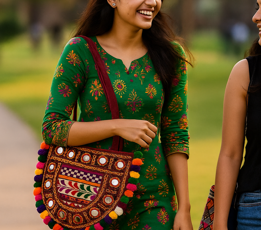 Handcrafted Kutchi Embroidered D-Shape Sling Bag with Mirror Work & Pom-Poms