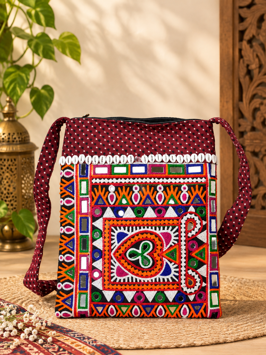 Handcrafted Kutchi Embroidered Sling Bag with Cowrie Shells