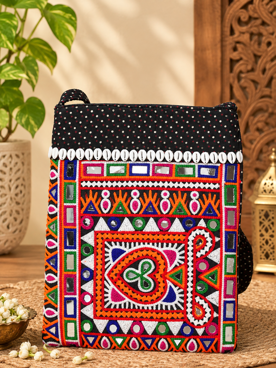 Handcrafted Kutchi Embroidered Sling Bag with Cowrie Shells
