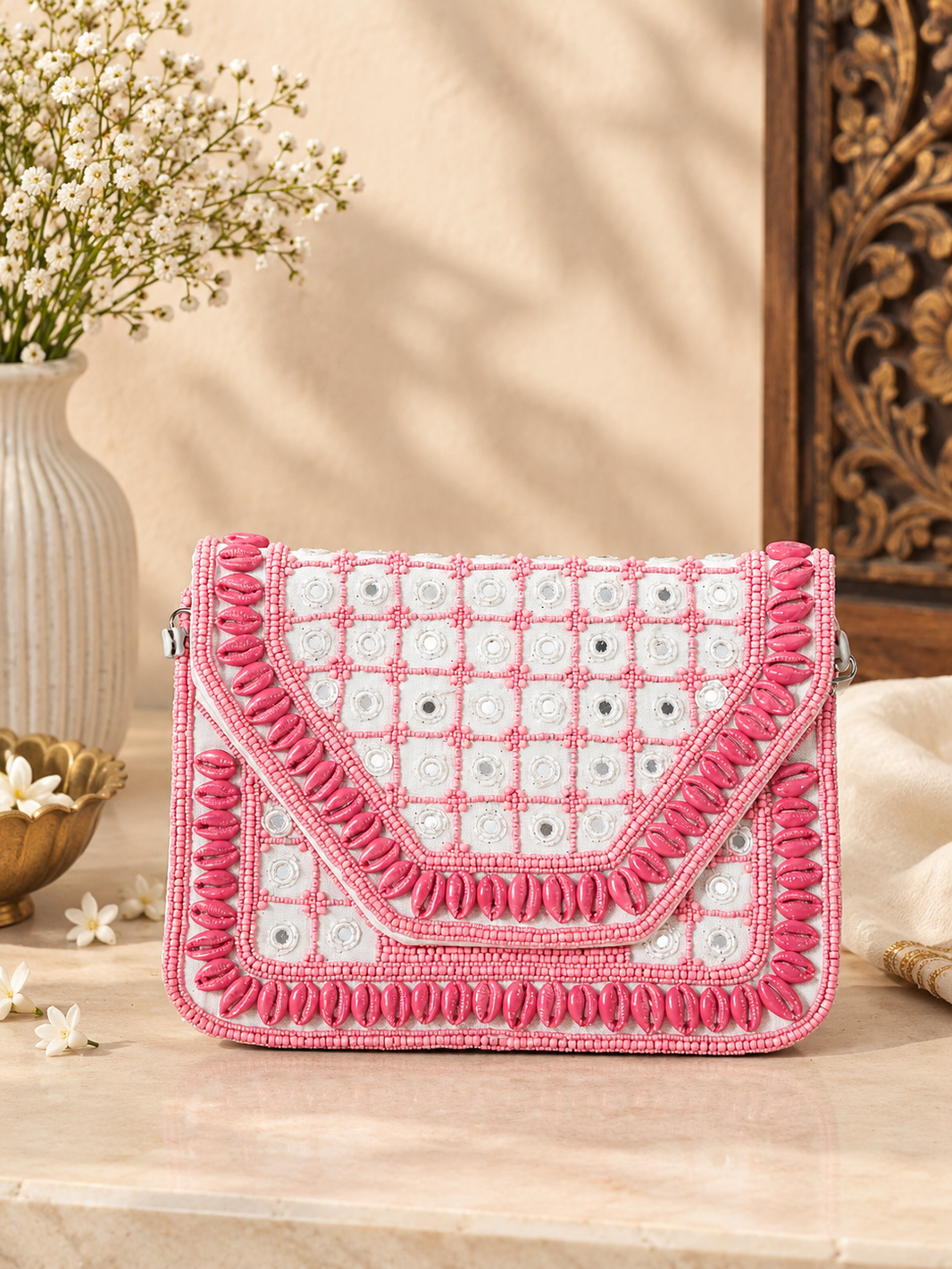 Handcrafted Kutch Pink Kaudi Shell & Mirror Work Sling Bag  - The Gulabi