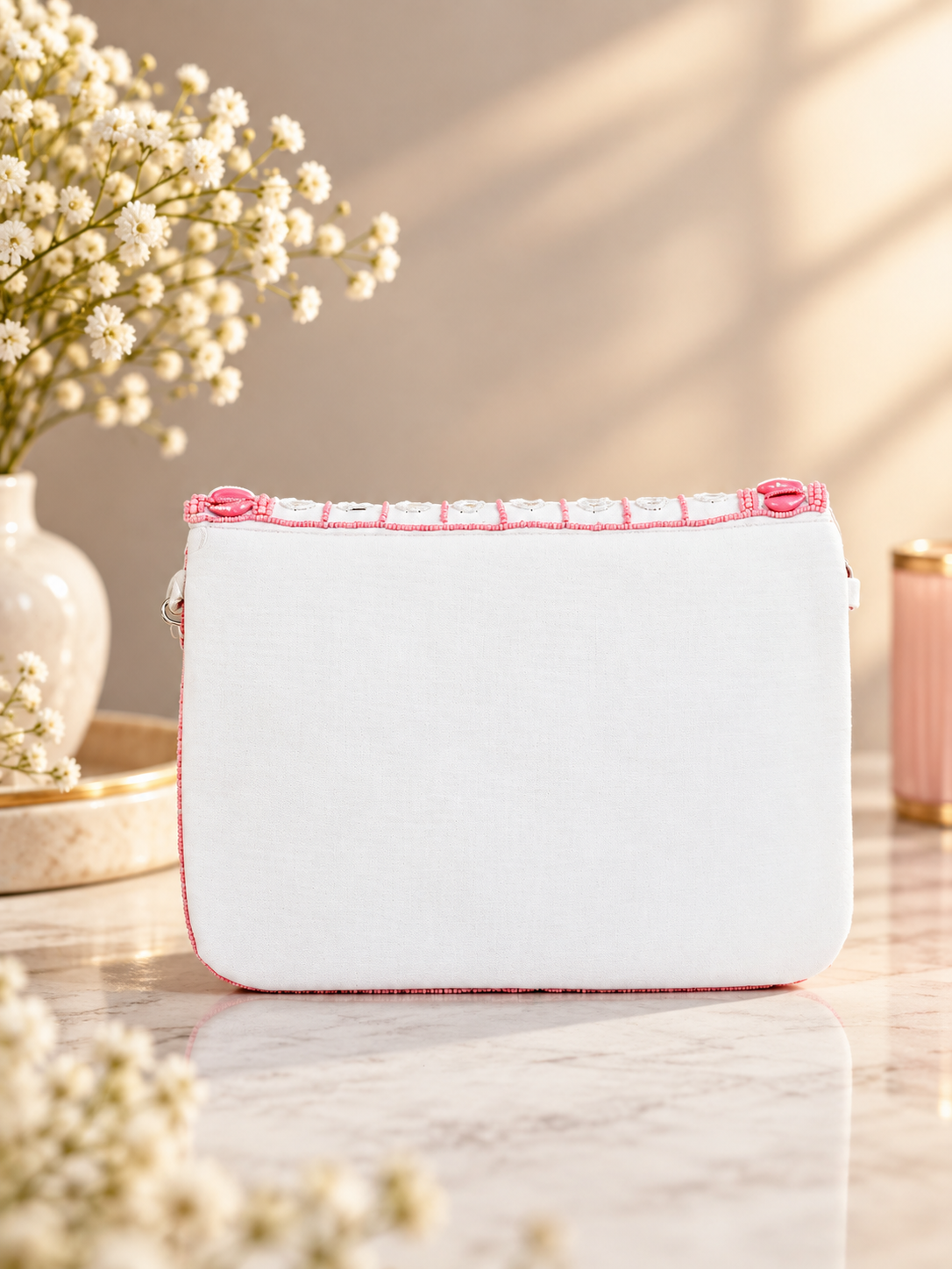 Handcrafted Kutch Pink Kaudi Shell & Mirror Work Sling Bag  - The Gulabi