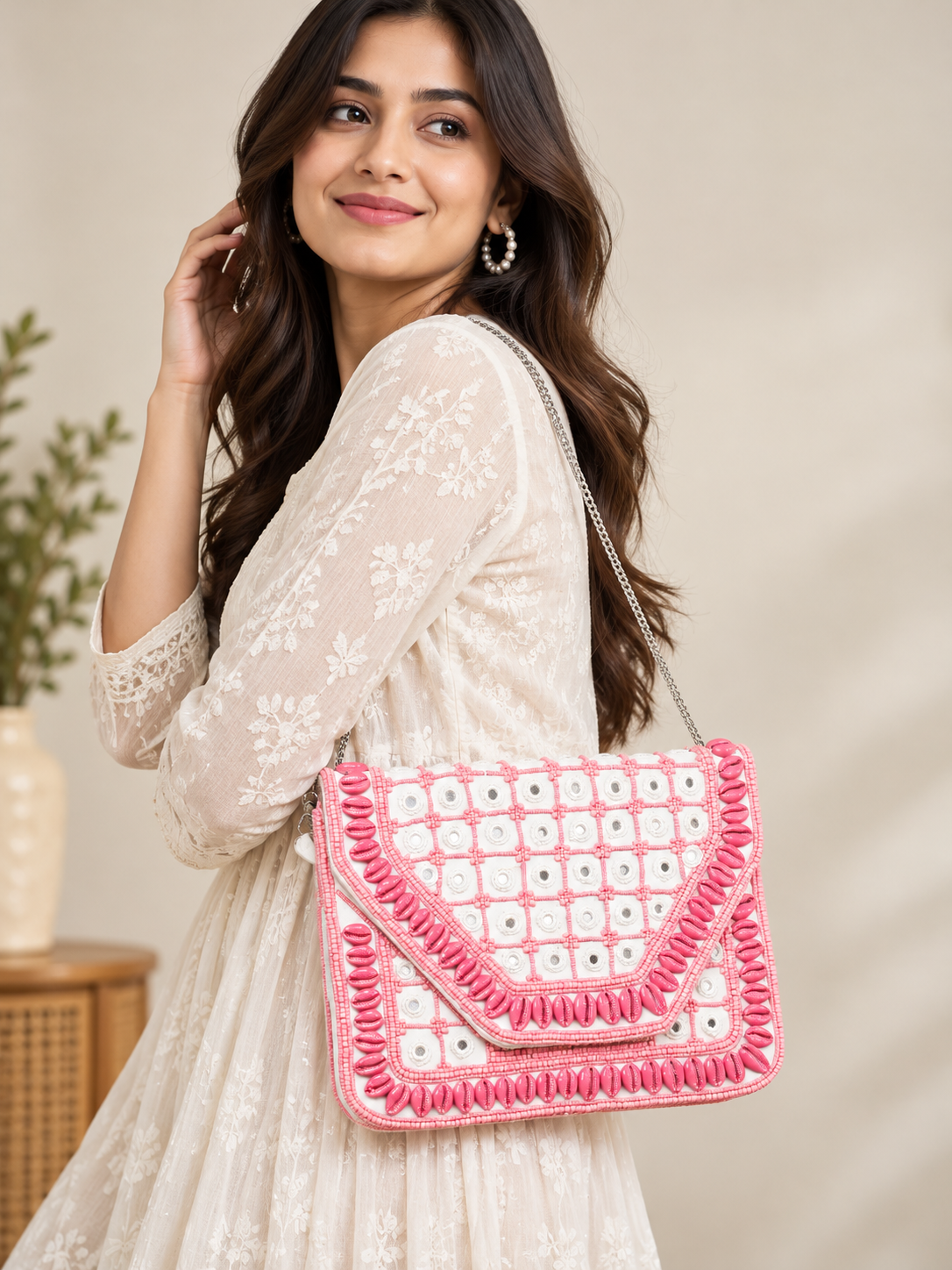 Handcrafted Kutch Pink Kaudi Shell & Mirror Work Sling Bag  - The Gulabi