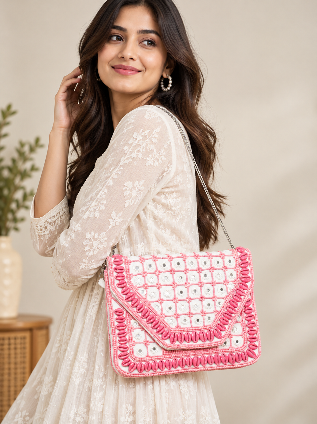 Handcrafted Kutch Pink Kaudi Shell & Mirror Work Sling Bag  - The Gulabi