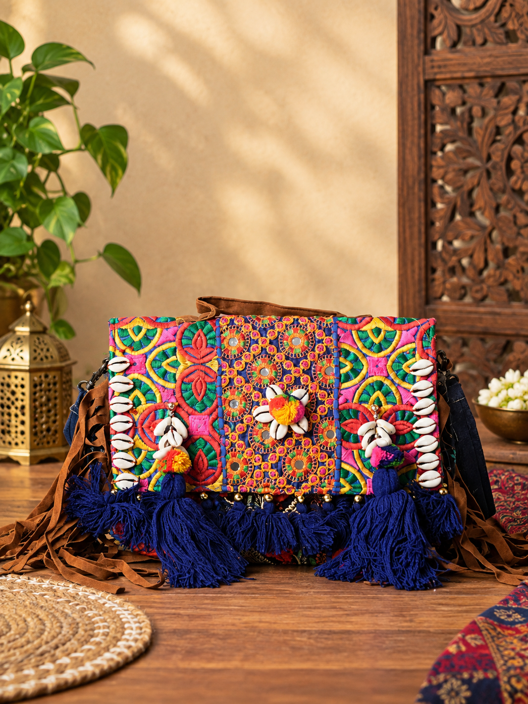 Handcrafted Banjara Patchwork Sling Bag with Mirror, Cowrie & Tassel Detailing