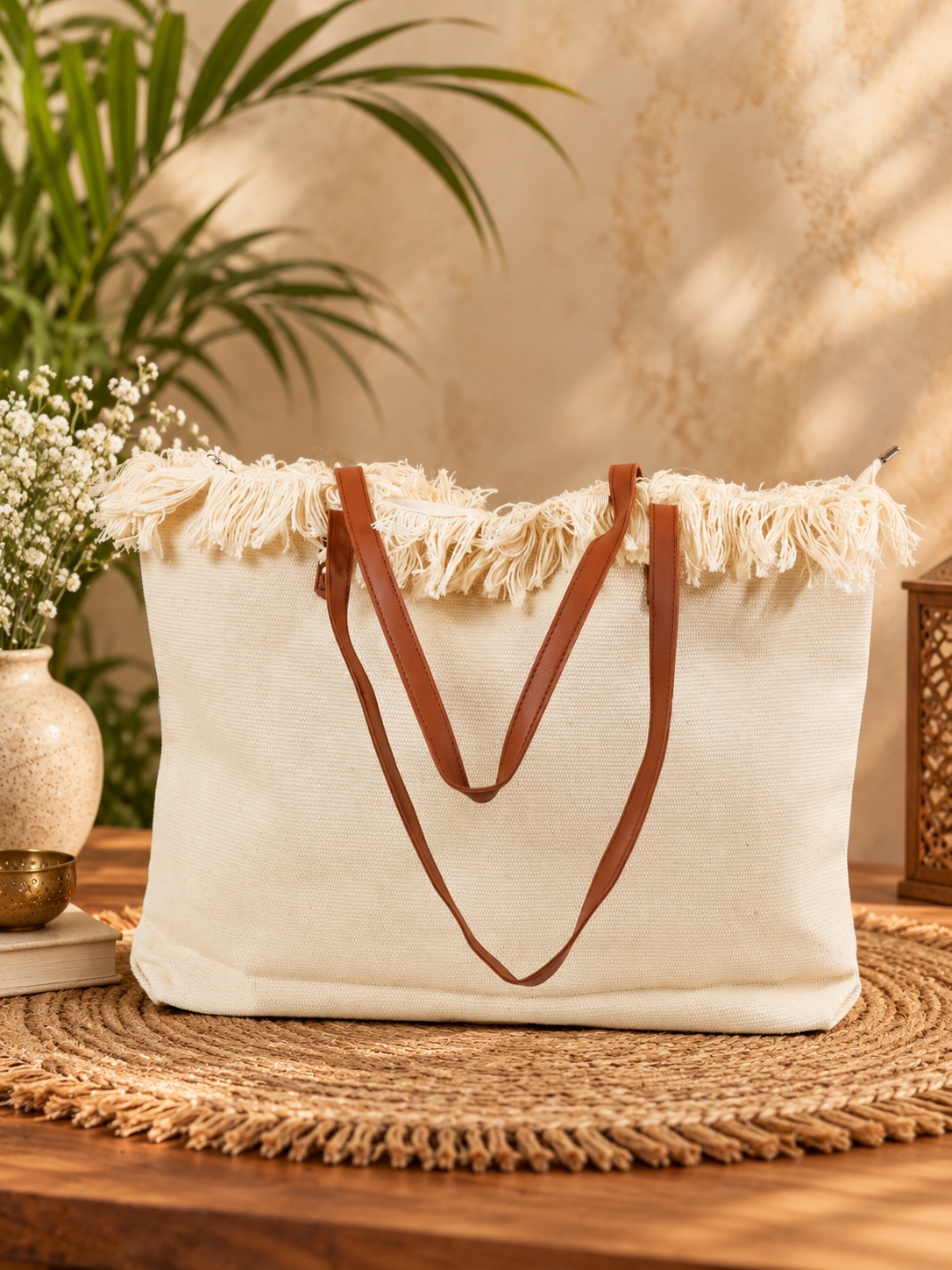 The Aabha  - cream-coloured handcrafted tote bag with colourful crochet detailing