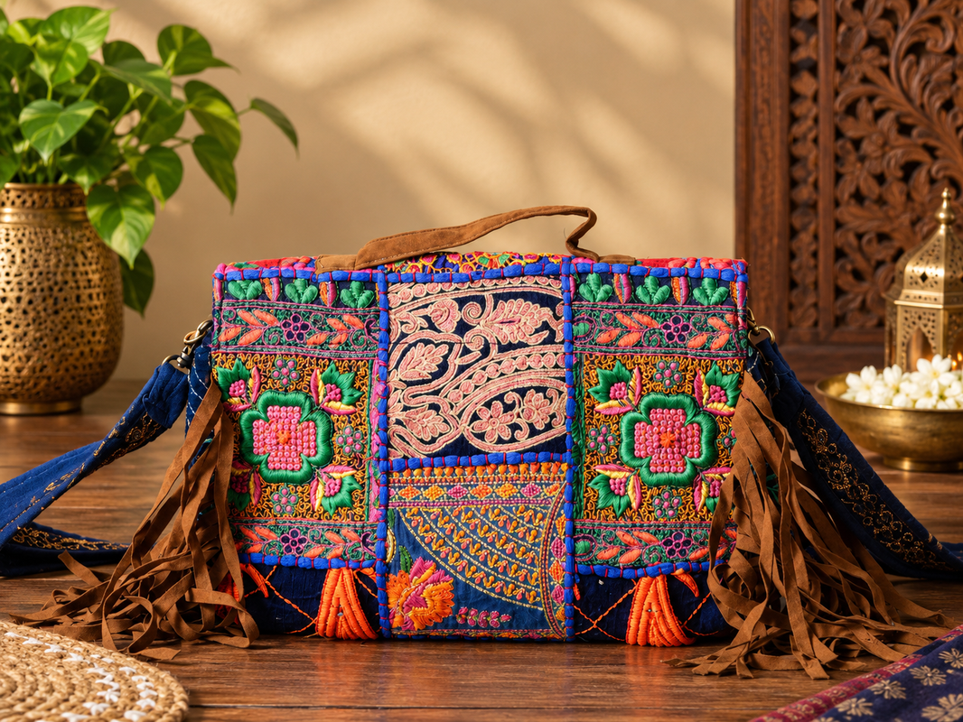 Handcrafted Banjara Patchwork Sling Bag with Mirror, Cowrie & Tassel Detailing