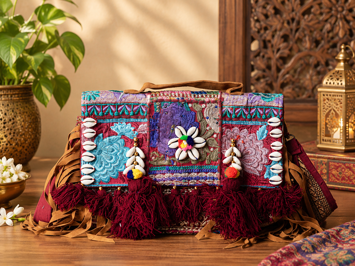 Handcrafted Banjara Patchwork Sling Bag with Mirror, Cowrie & Tassel Detailing