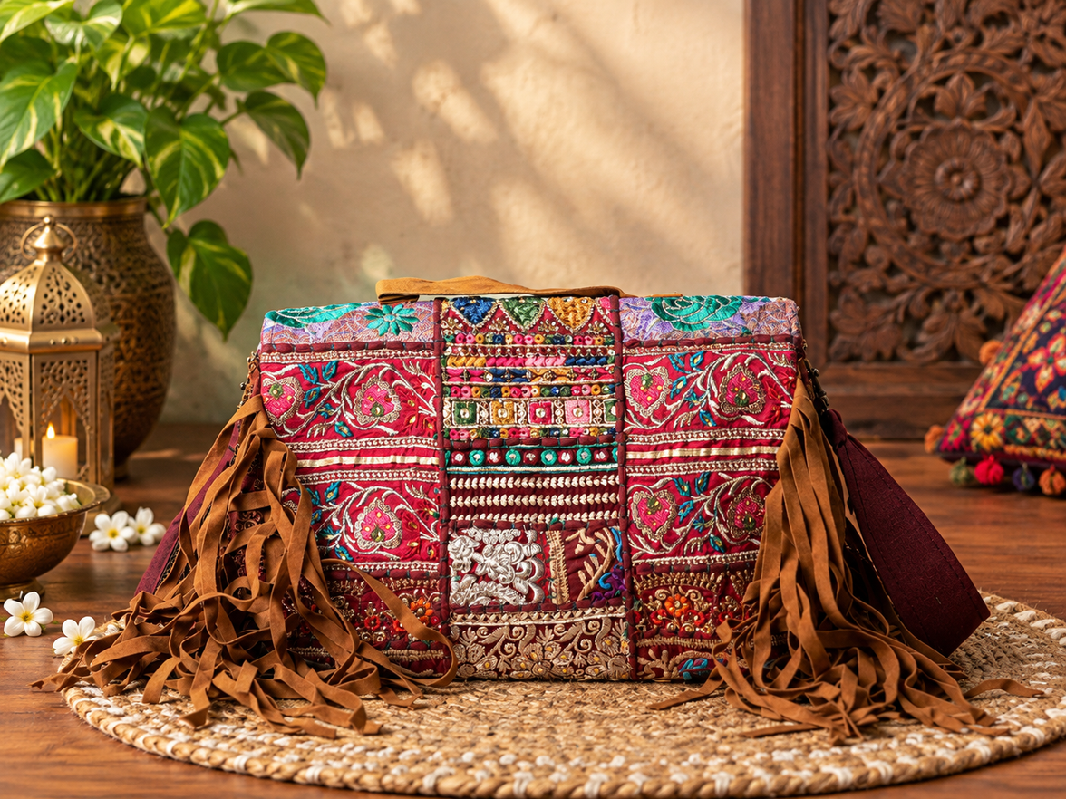 Handcrafted Banjara Patchwork Sling Bag with Mirror, Cowrie & Tassel Detailing