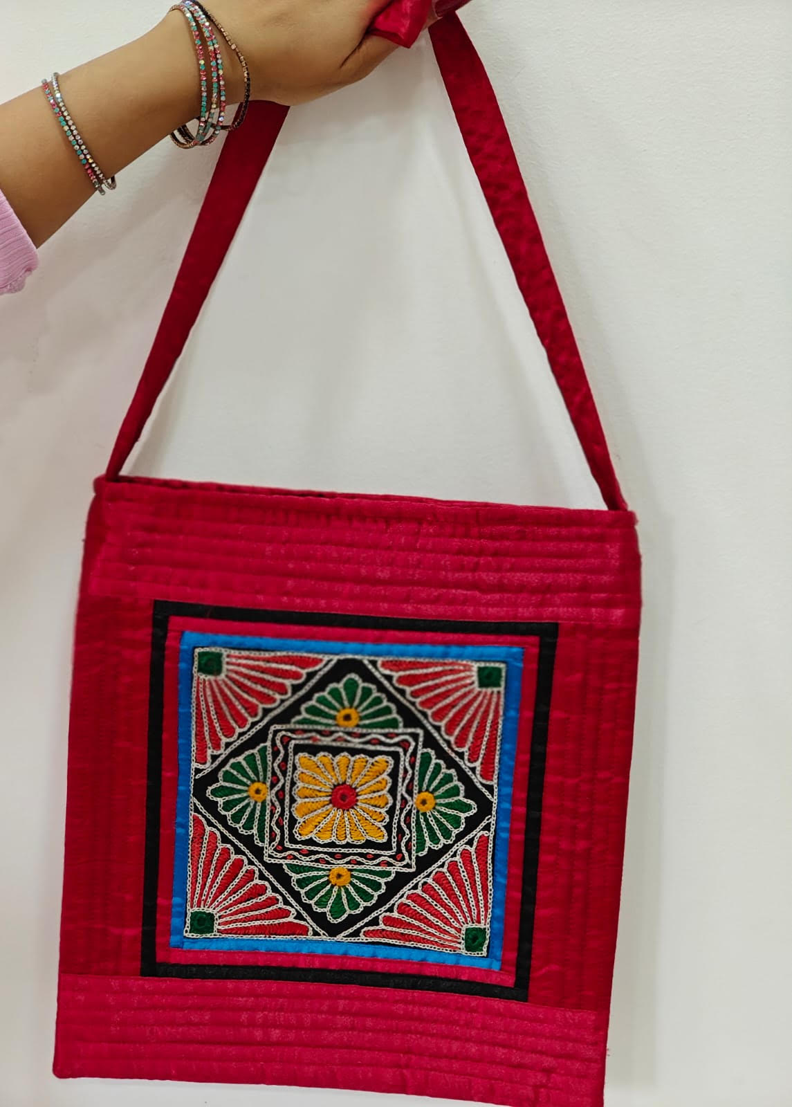 Handcrafted Mashru Silk Embroidered Square Sling Bag