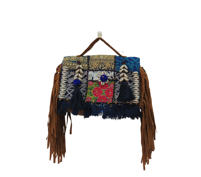 Vibrant Tribal Embroidered Tote Bag with Shell & Tassel Detailing