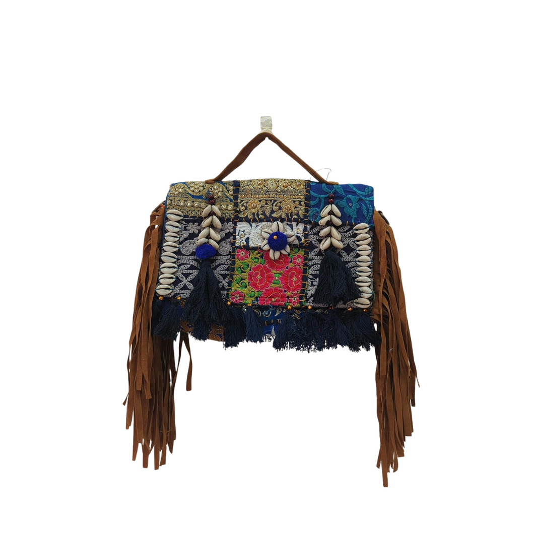 Vibrant Tribal Embroidered Tote Bag with Shell & Tassel Detailing