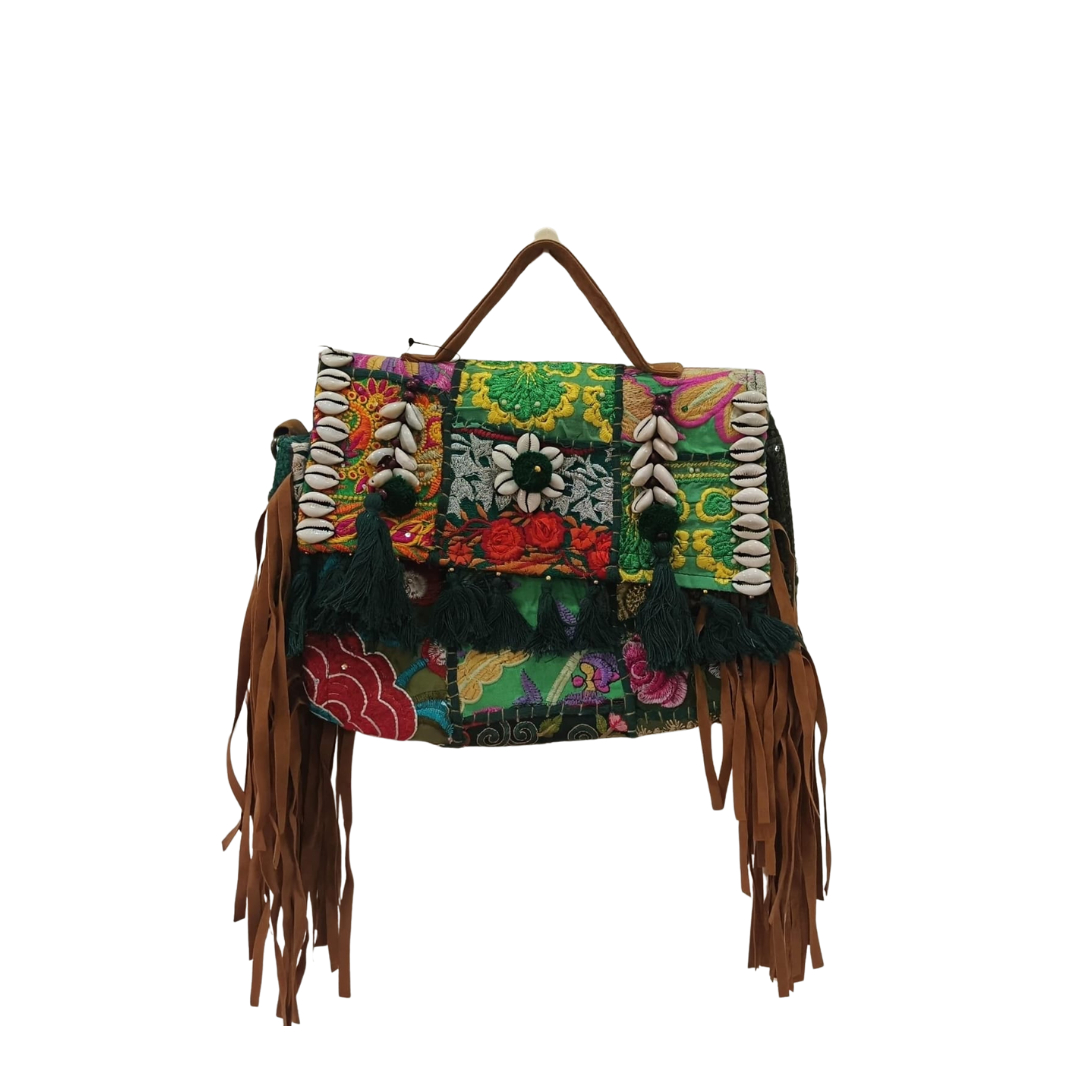 Vibrant Tribal Embroidered Tote Bag with Shell & Tassel Detailing - Heritage Haat