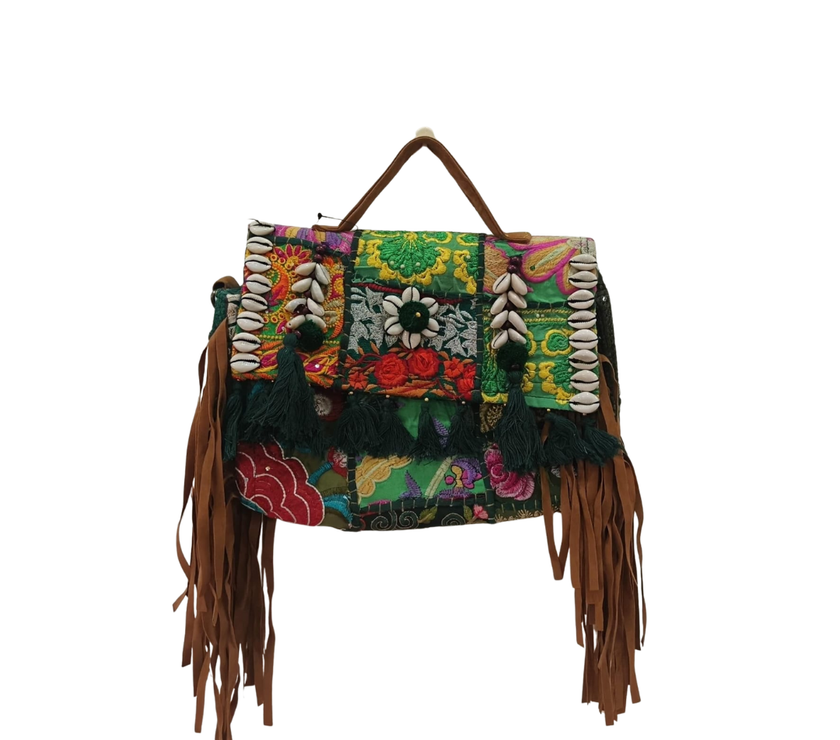 Vibrant Tribal Embroidered Tote Bag with Shell & Tassel Detailing