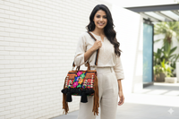 Vibrant Tribal Embroidered Tote Bag with Shell & Tassel Detailing