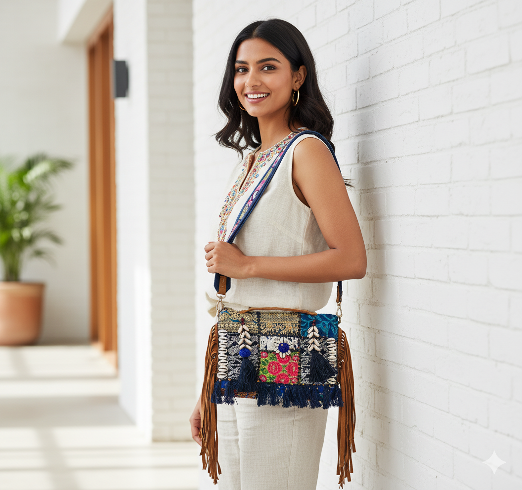 Vibrant Tribal Embroidered Tote Bag with Shell & Tassel Detailing - Heritage Haat