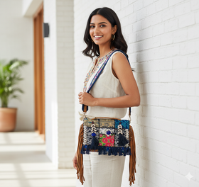 Vibrant Tribal Embroidered Tote Bag with Shell & Tassel Detailing - Heritage Haat