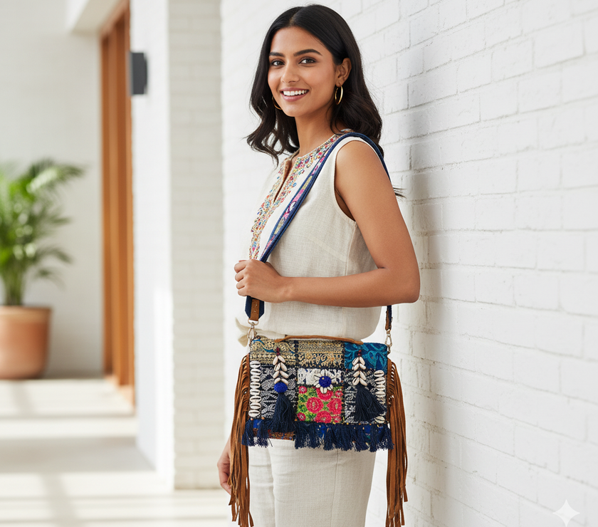 Vibrant Tribal Embroidered Tote Bag with Shell & Tassel Detailing