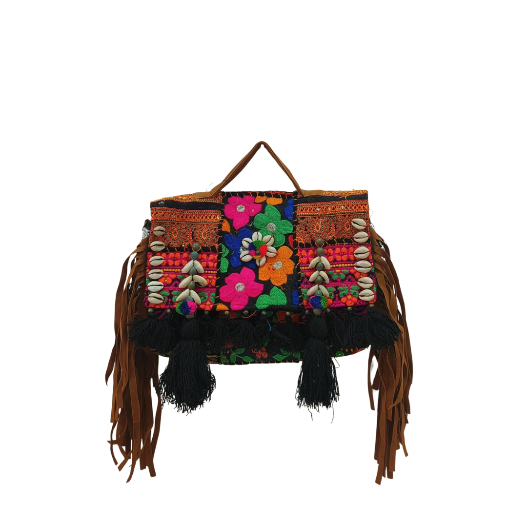 Vibrant Tribal Embroidered Tote Bag with Shell & Tassel Detailing - Heritage Haat