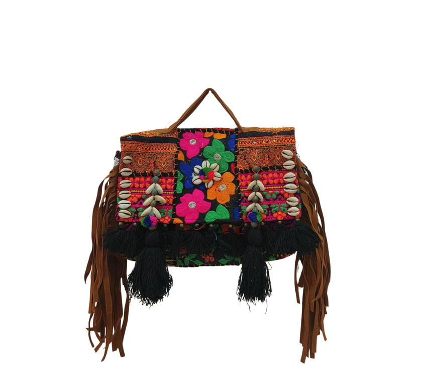 Vibrant Tribal Embroidered Tote Bag with Shell & Tassel Detailing
