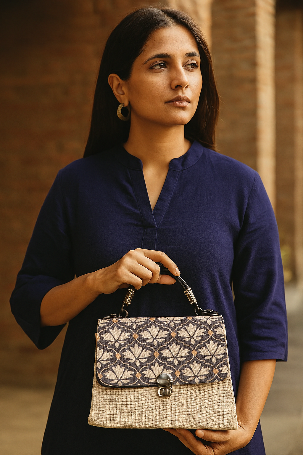 Vintage Lotus Charm: Jute & Jacquard Handheld Elegance - Heritage Haat