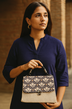 Vintage Lotus Charm: Jute & Jacquard Handheld Elegance - Heritage Haat