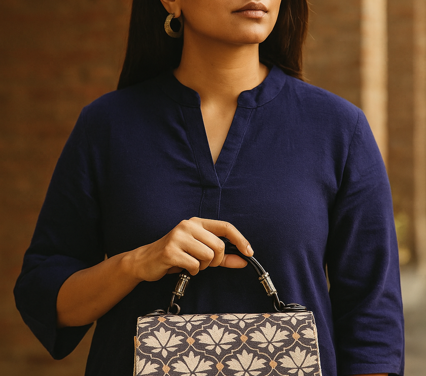 Vintage Lotus Charm: Jute & Jacquard Handheld Elegance