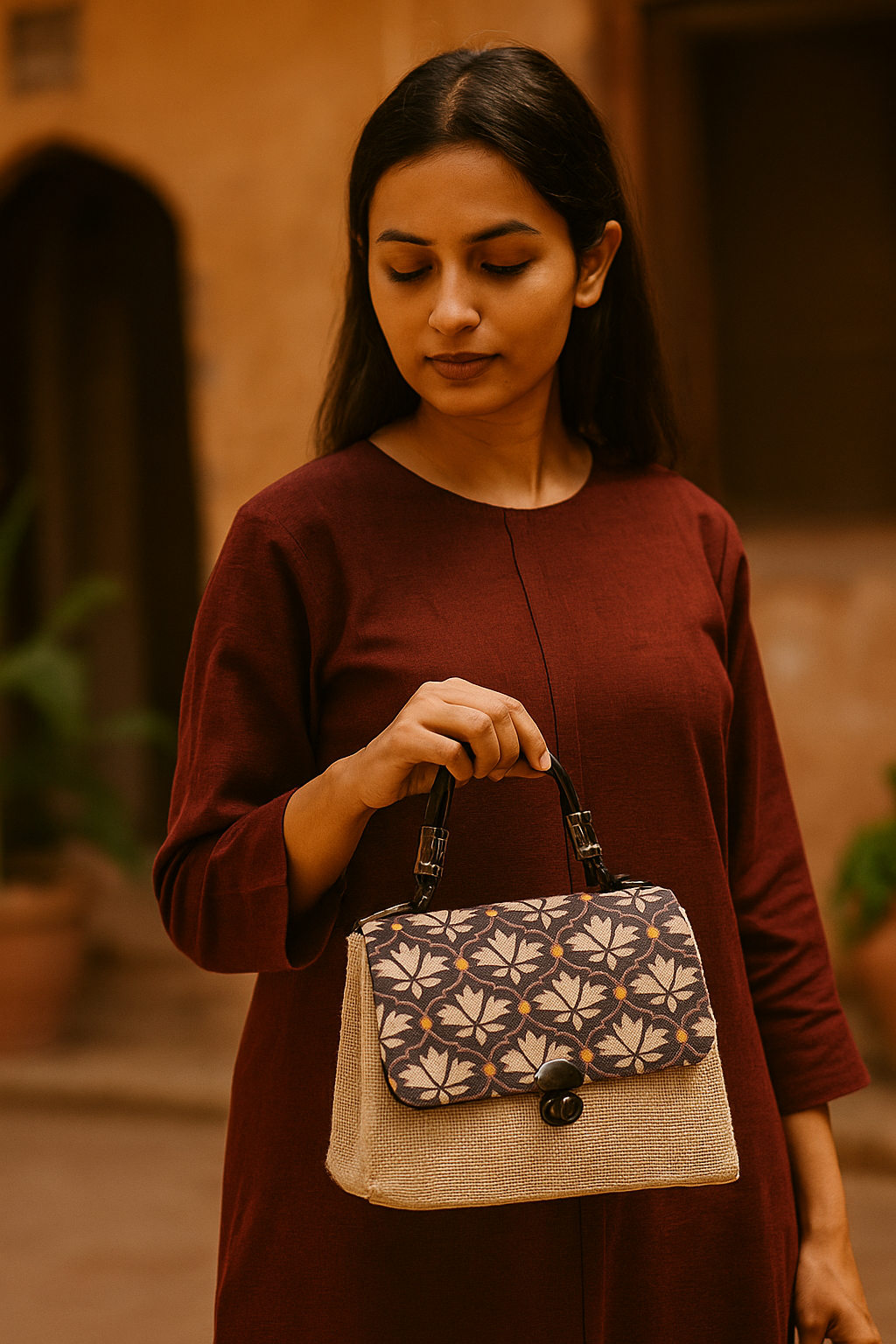 Vintage Lotus Charm: Jute & Jacquard Handheld Elegance - Heritage Haat