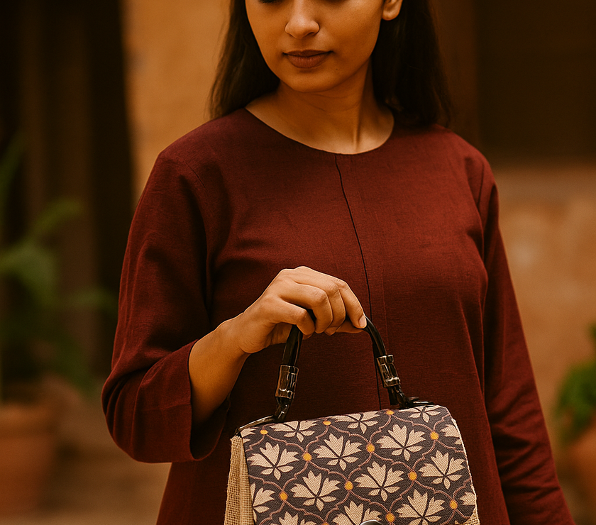Vintage Lotus Charm: Jute & Jacquard Handheld Elegance