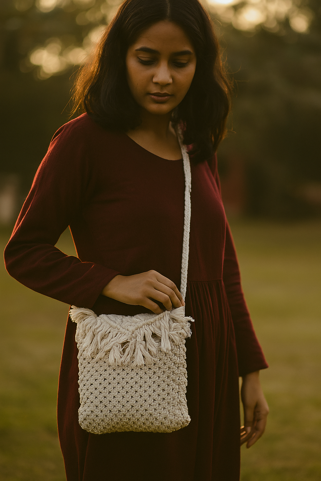 Sun-Kissed Serenity: Macramé Fringe Sling Bag - Heritage Haat