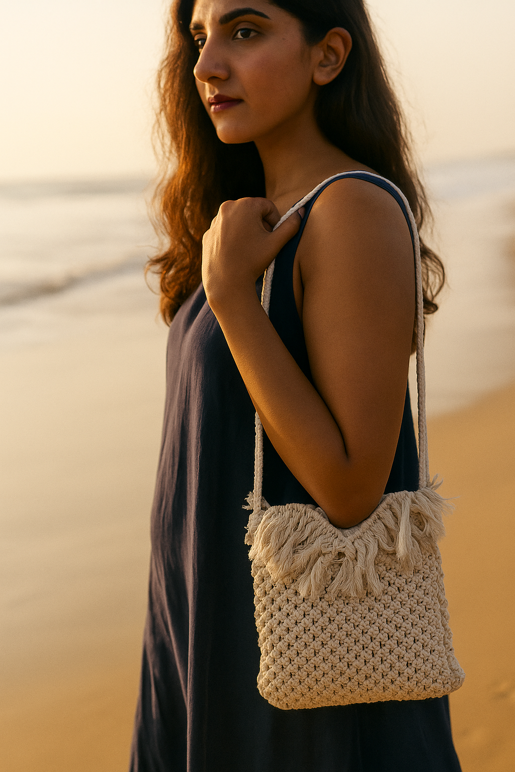 Sun-Kissed Serenity: Macramé Fringe Sling Bag - Heritage Haat