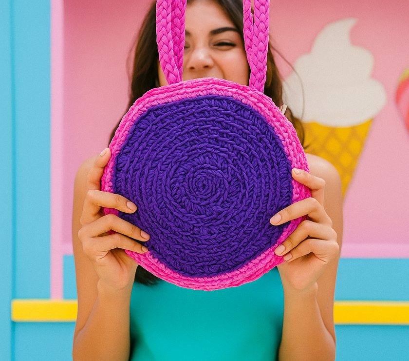 Hand-Crocheted Round Tote Bag – Candy Pop Edition
