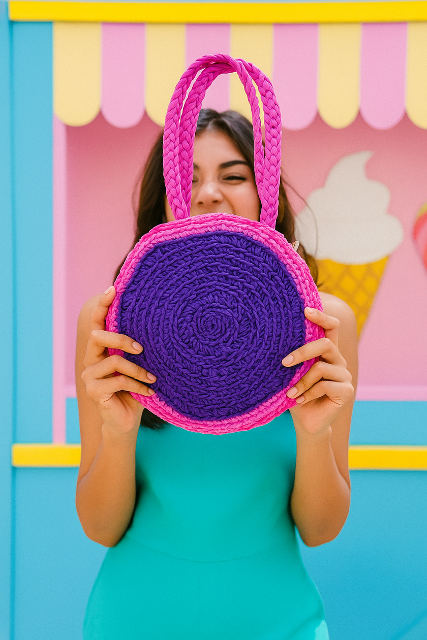 Hand-Crocheted Round Tote Bag – Candy Pop Edition
