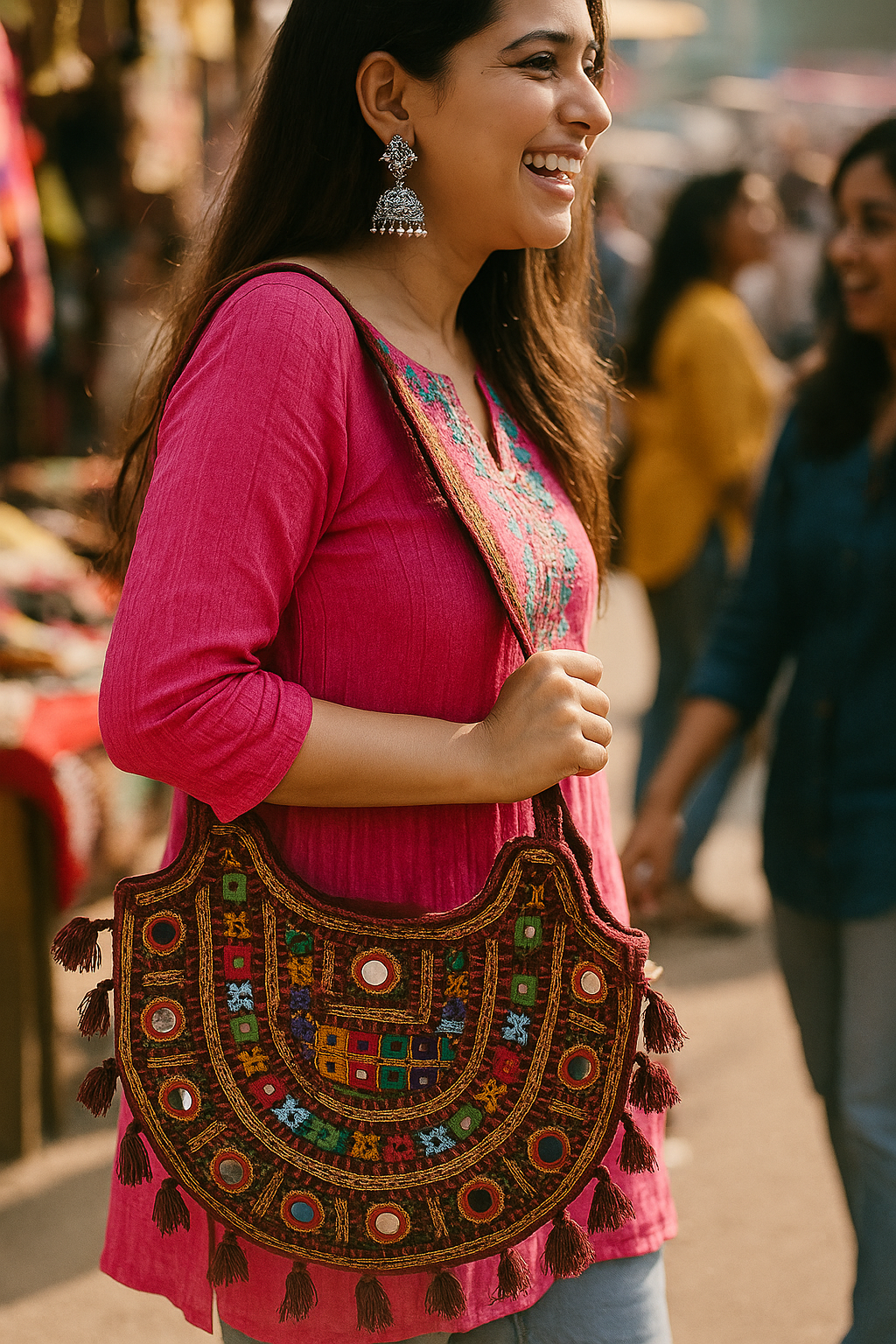 Boho Kutchi Embroidered D-Shape Sling Bag with Tassels