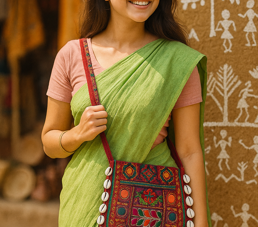 Handcrafted Kutchi Embroidered D-Shape Sling Bag with Mirror Work & Pom-Poms