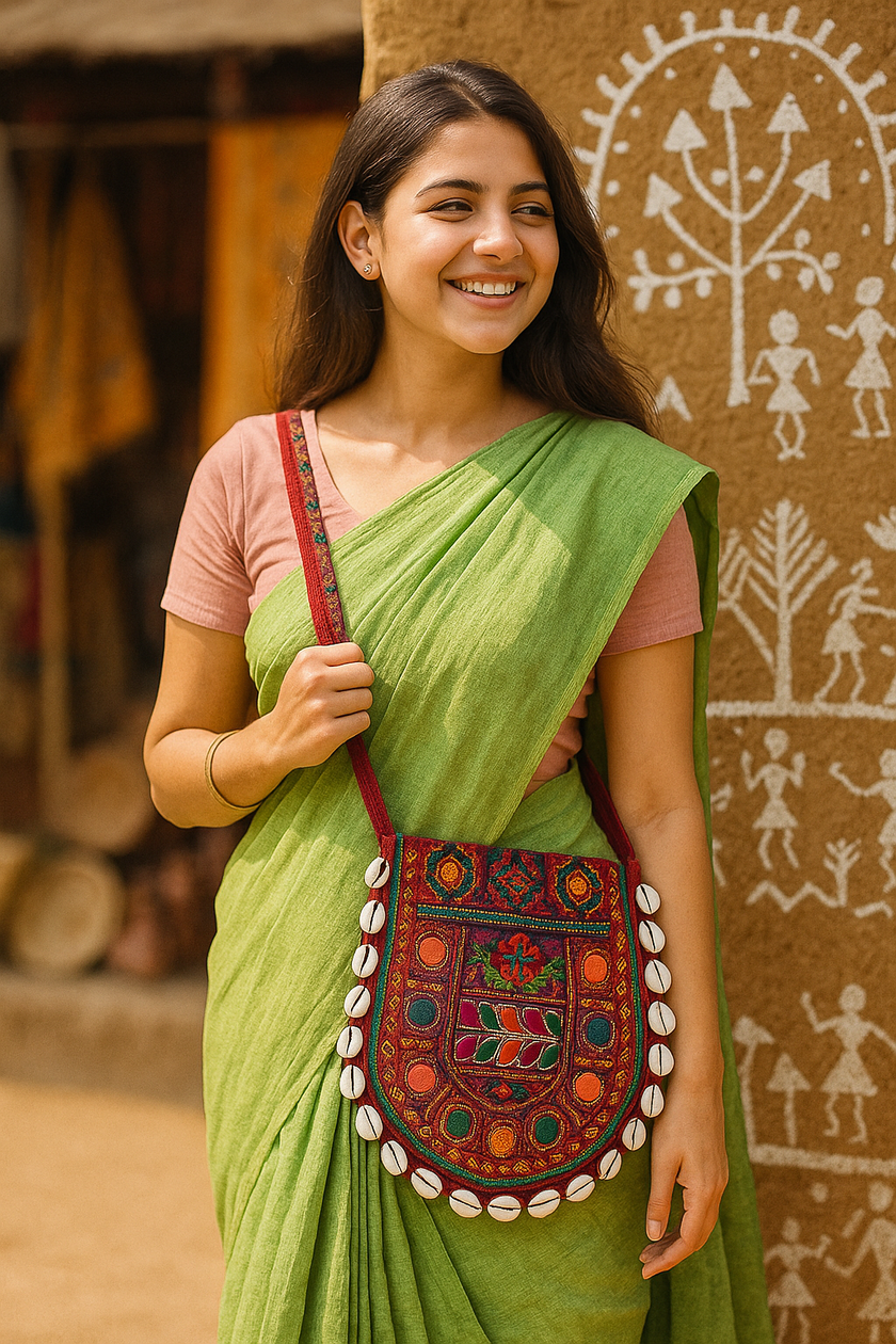 Handcrafted Kutchi Embroidered D-Shape Sling Bag with Mirror Work & Pom-Poms