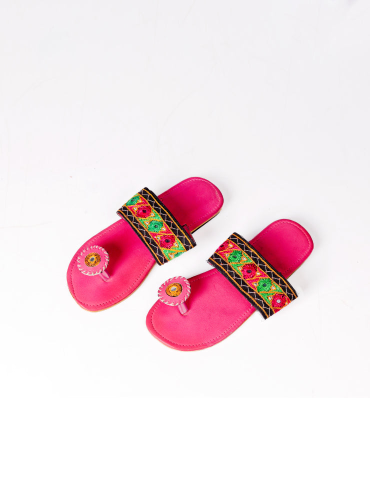 Limited Edition Kutch Embroidery Hand stitched Flat Pink Slippers - Heritage Haat