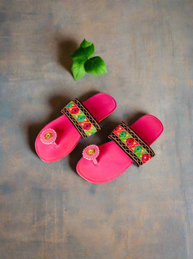 Limited Edition Kutch Embroidery Hand stitched Flat Pink Slippers - Heritage Haat