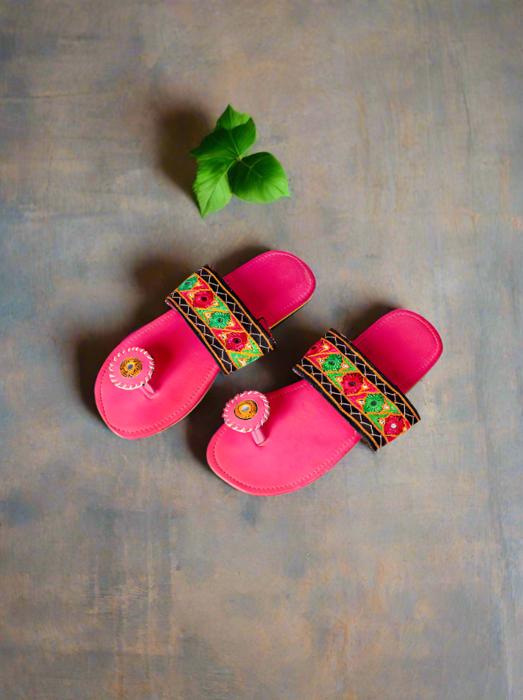 Limited Edition Kutch Embroidery Hand stitched Flat Pink Slippers